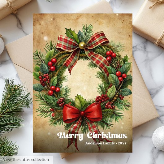 Schicker Weihnachtskranz klassische Stechpalmenbee Feiertagskarte