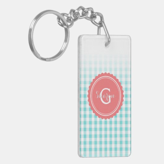 schickes adrettes Türkisgingham-Mustermonogramm Schlüsselanhänger (Vorderseite links)