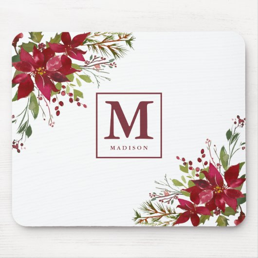 Schickes Aquarell-Blumenpoinsettia-Monogramm Mousepad (Vorne)