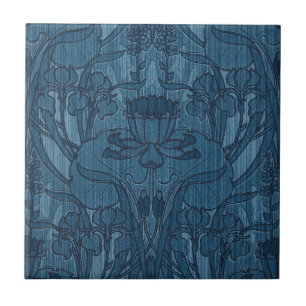 Schickes Blau Art Nouveau Iris Botanisches Muster Fliese