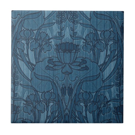 Schickes Blau Art Nouveau Iris Botanisches Muster Fliese (Vorderseite)