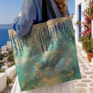Schickes blau türkis gold glitzer tropfen monogram tasche