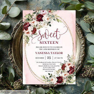 Schickes Boho Burgund Blush Blumen Gold Sweet Sixt Einladung