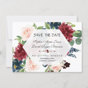 Schickes Burgunder Florales Sechseck-Rahmen Save T The Date