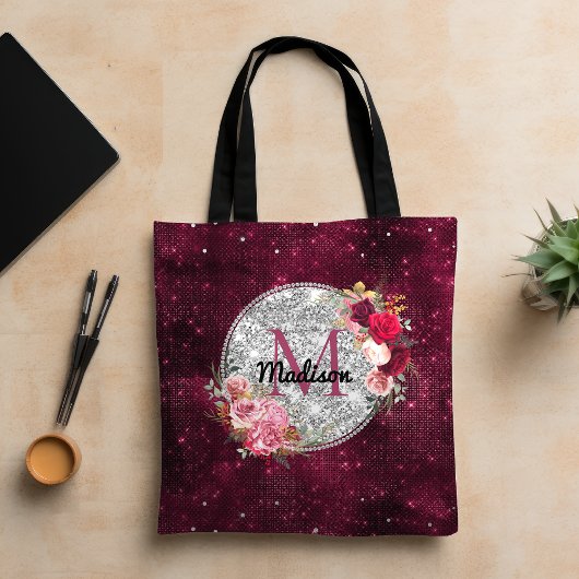 Schickes falsches Silber Glitter Burgunder Blumenm Tasche
