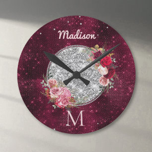 Schickes falsches Silber Glitter Burgunder Florale Runde Wanduhr