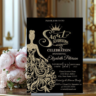 Schickes goldenes Glitterkleid, Tiara Schwarze Qui Einladung