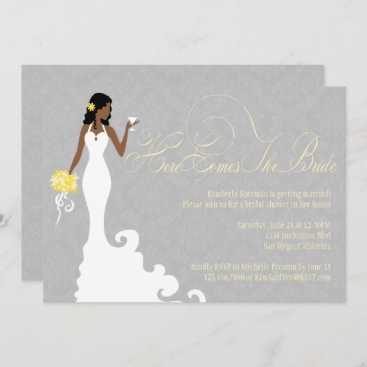 Schickes graues Gelb hier kommt die Braut-Dusche Einladung (Vorne/Hinten)