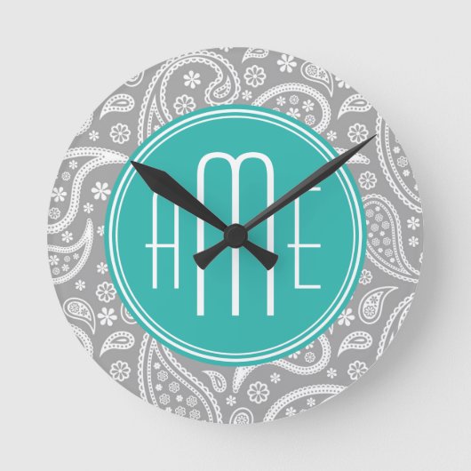Schickes graues Paisley-mit Blumenmuster u. blaues Runde Wanduhr (Vorderseite)