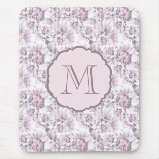 Schickes graues und rosa Blumenmuster-Monogramm Mousepad (Vorne)