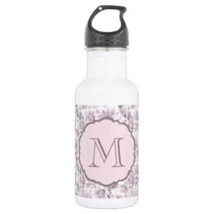 Schickes graues und rosa Blumenmuster-Monogramm Trinkflasche