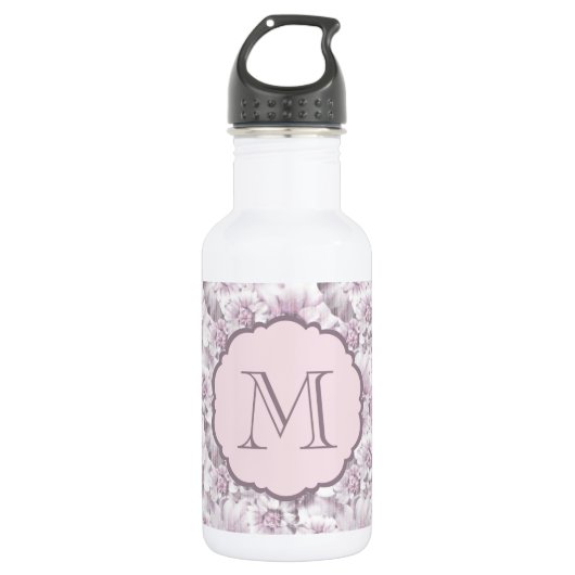Schickes graues und rosa Blumenmuster-Monogramm Trinkflasche (Vorderseite)