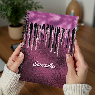 Schickes heißes Rosa schwarze Tropf Glitter Monogr Notizblock