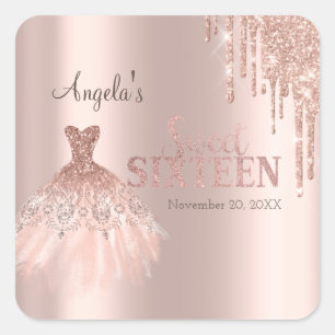 Schickes Kleid Glittertropfen Roségold Sweet 16 Quadratischer Aufkleber