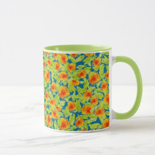 Schickes Land-orange Ringelblumen-Muster auf Blau Tasse (Rechts)