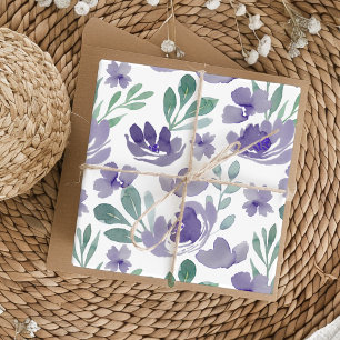 Schickes lila Blumen- und Blattwerk-Wasserfarbmust Geschenkpapier Set