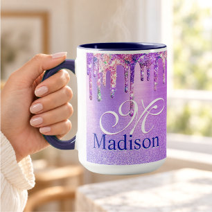 Schickes lila rosa Ombre Glitter-Tropfen Monogramm Tasse