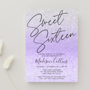 Schickes Lila Silber Glitter Sweet 16 Einladung
