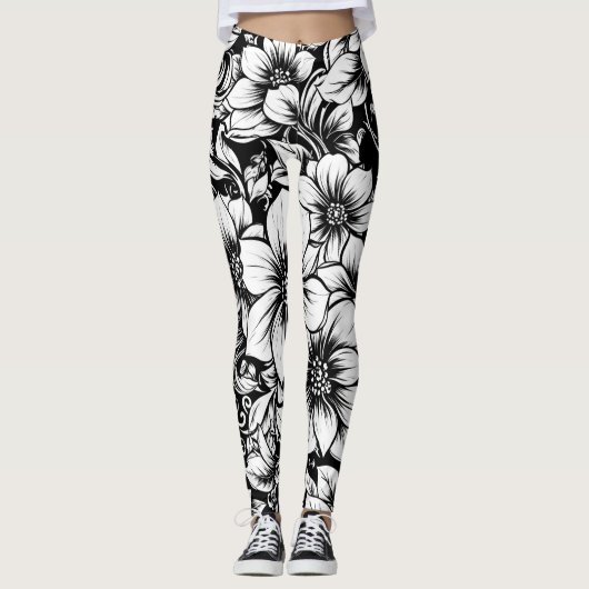 Schickes monochromes Blumenmuster im Luxus-Design Leggings (Vorderseite)