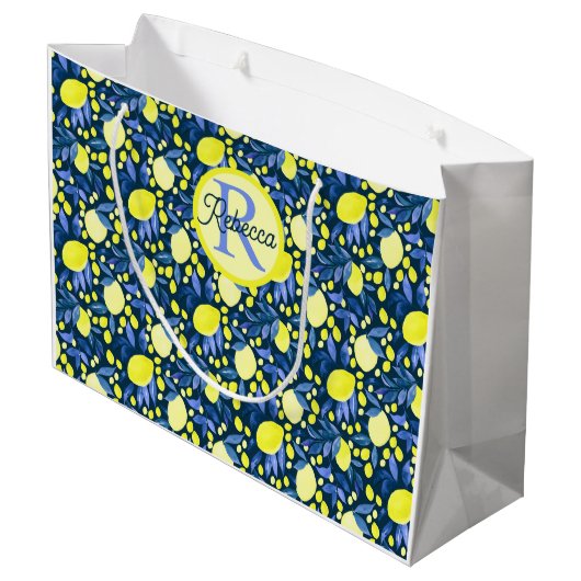 Schickes Monogramm Name Rustikal Zitrus Lemons Bla Große Geschenktüte (Rückseite Schrägansicht)