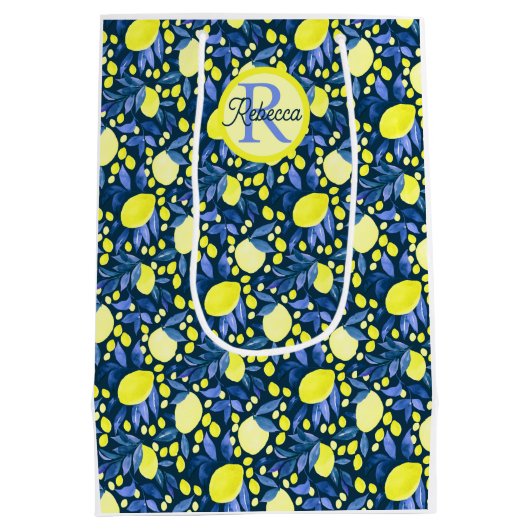 Schickes Monogramm Name Rustikal Zitrus Lemons Bla Mittlere Geschenktüte (Rückseite)