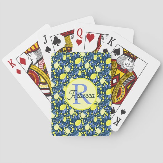 Schickes Monogramm Name Rustikal Zitrus Lemons Bla Spielkarten (Rückseite)