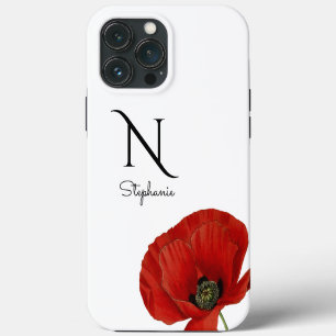 Schickes monogrammiertes rotes Mohnblume auf weiße iPhone 13 Pro Max Hülle