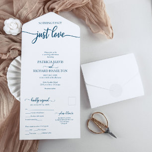 Schickes Ozeanblau-Kalligrafie-Hochzeit im Casual- All In One Einladung