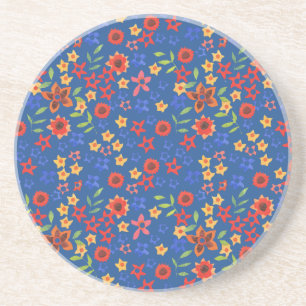 Schickes Retro-Blumenmuster auf blauem Sandstein-U Sandstein Untersetzer