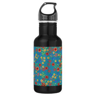 Schickes Retro-Blumenmuster auf einer Türkisen Was Edelstahlflasche