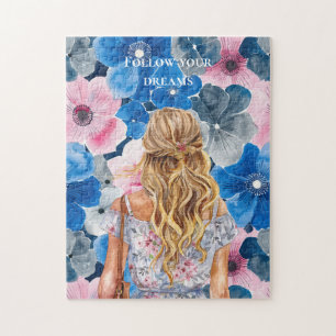 Schickes Rosa Blau Sommer Florales Blondes Mädchen Puzzle