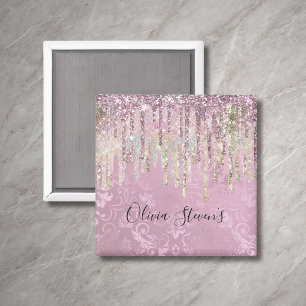 Schickes rosa Damast Einhorn Glitter Monogramm Magnet