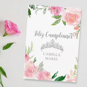 Schickes rosa florales silbernes Diadem Glückliche Karte