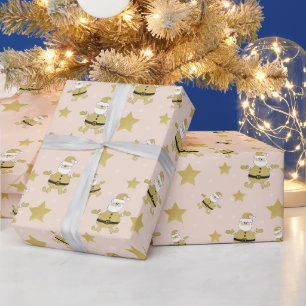 Schickes Rosa Weihnachtsmann-Gold- und Sternenmust Geschenkpapier