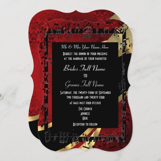 Schickes rotes Damastgoldelegante formale Hochzeit Einladung (Vorne/Hinten)