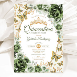 Schickes Sagegrün Gold Florales Quinceanera Einladung