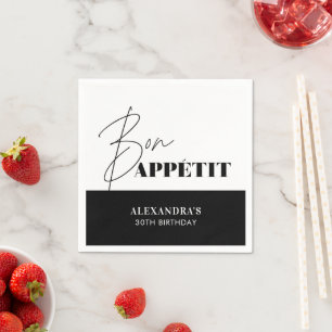 Schickes Schwarz-Weiß-Bon-Appétit-Script Geburtsta Serviette