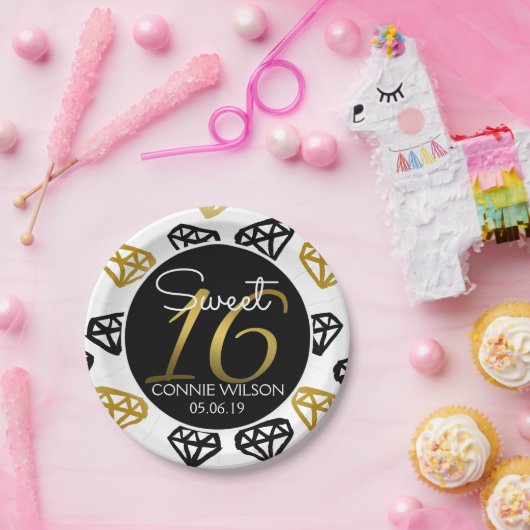 Schickes Schwarzes u. Golddiamant-16. Pappteller (Party)