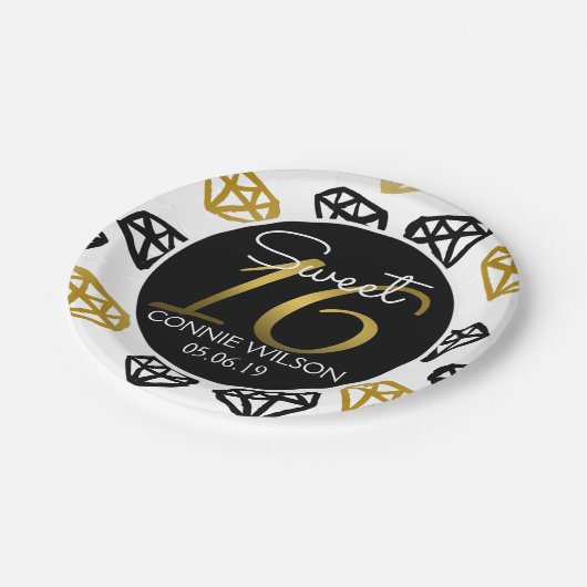 Schickes Schwarzes u. Golddiamant-16. Pappteller (Schrägansicht)