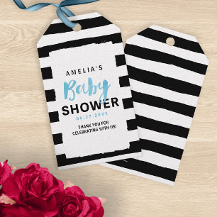 Schickes Schwarzes u. Weiß Stripes blaue Babypart Geschenkanhänger