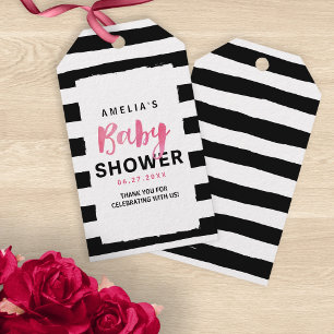 Schickes Schwarzes u. Weiß Stripes rosa Babyparty Geschenkanhänger