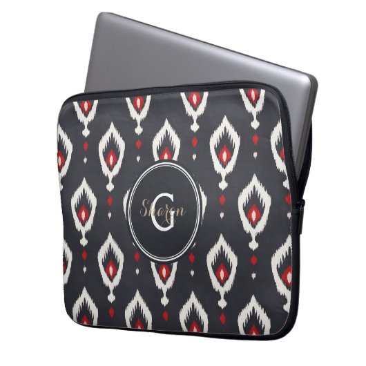Schickes schwarzes und rotes Ikat-Stammesmuster-Mo Laptopschutzhülle (Vorderseite Links)