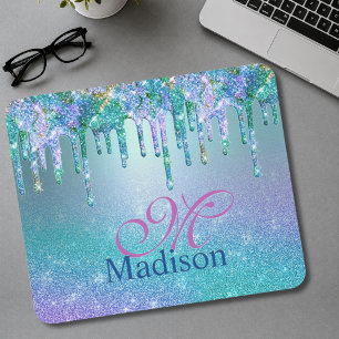 Schickes Türkis-Lila-Ombre-Glitter-Tropfen-Monogra Mousepad