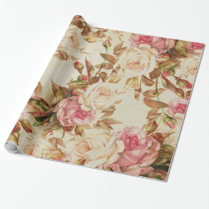 Schickes Vintage-Rosa-Weiß-Braun-Rosen-Blumenmuste Geschenkpapier