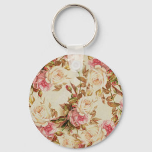 Schickes Vintage-Rosa-Weiß-Braun-Rosen-Blumenmuste Schlüsselanhänger