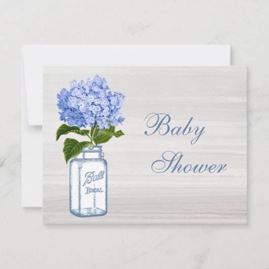 Schickes Weckglas u. blaue Hydrangea-Babyparty Einladung (Vorderseite)