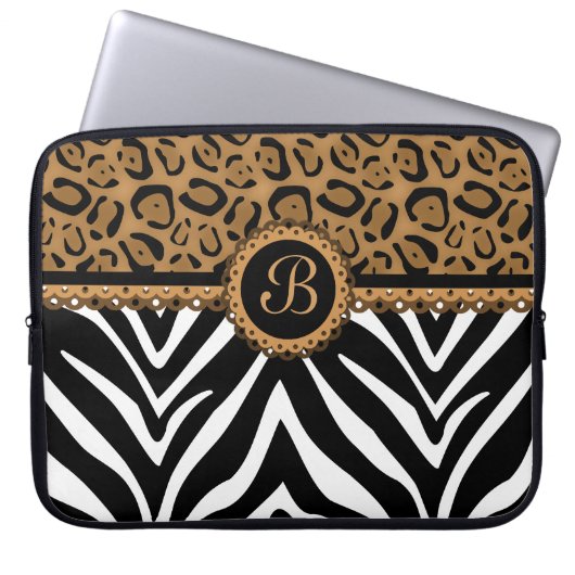Schickes Zebra-Leopard-Spitze-Monogramm Laptopschutzhülle (Vorderseite)