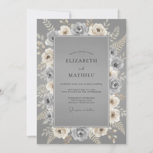 Schiefer Silber Rosen Hochzeit Einladung (Vorderseite)