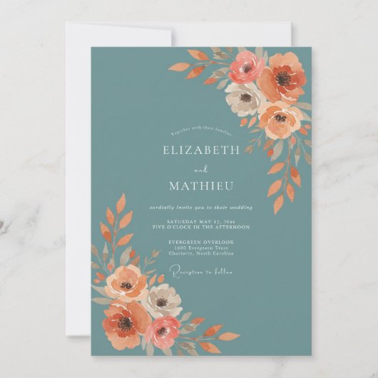 Schiefer-Türkis-Mohn-Hochzeit Einladung (Vorderseite)