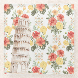 Schiefer Turm Gelbe Orangefarbene Blumen Glasuntersetzer